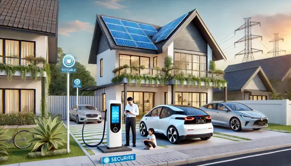Eksterior rumah pintar futuristik, lengkap dengan panel surya dan sistem keamanan canggih