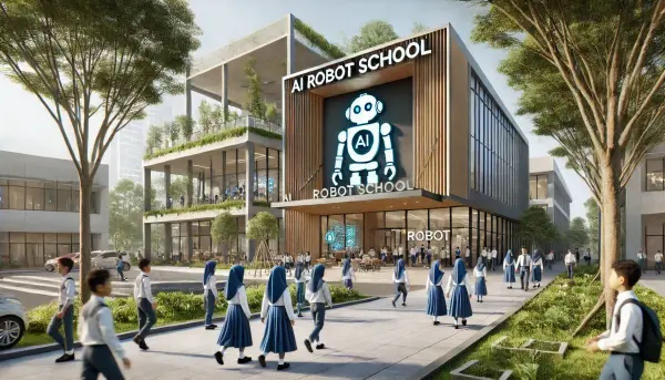 Eksterior sekolah robot AI yang modern dan futuristik