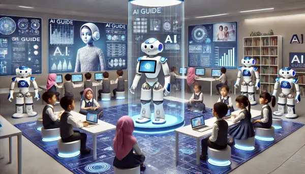 Ilustrasi futuristik anak-anak usia dini asal Indonesia di ruang belajar yang dikelilingi oleh robot pembimbing AI