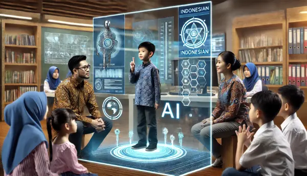 Ilustrasi futuristik seorang anak asal Indonesia di kelas virtual, menggunakan AI sebagai asisten belajar