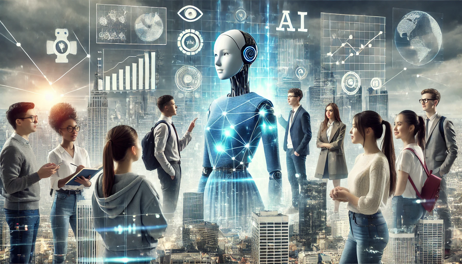 Ilustrasi futuristik yang menggambarkan interaksi antara siswa dan asisten AI dalam proses belajar