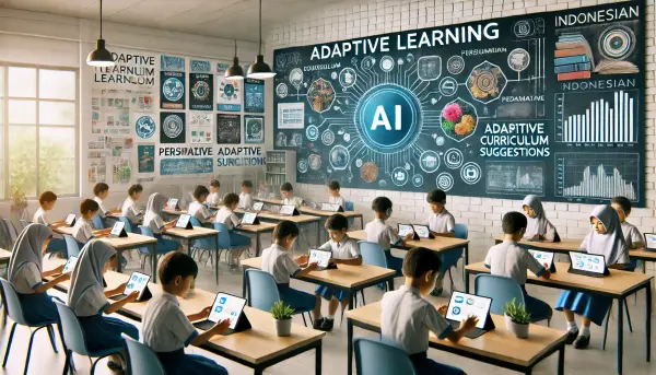 Ilustrasi kelas modern dengan siswa asal Indonesia yang menggunakan perangkat tablet dan laptop