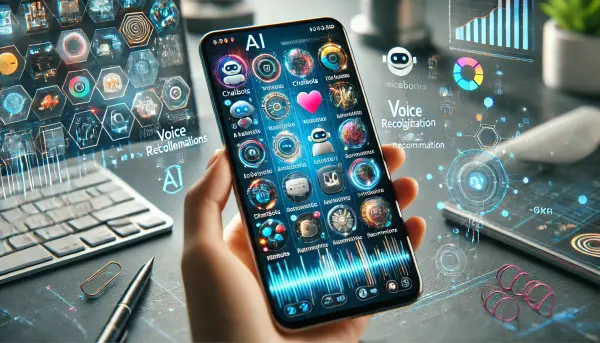 Ilustrasi sebuah smartphone dengan berbagai aplikasi berbasis AI yang menarik di layar