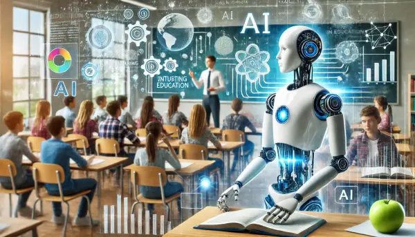 Ilustrasi tentang masa depan pendidikan, di mana AI dan robot membantu dalam proses belajar mengajar