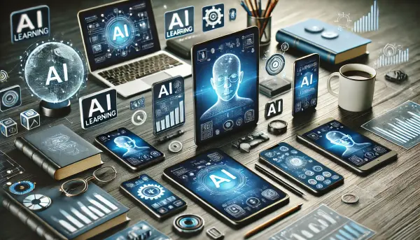 Konsep futuristik dengan berbagai perangkat pintar, seperti smartphone, tablet, dan laptop, yang menampilkan platform pembelajaran AI