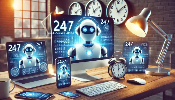 Konsep layanan pelanggan 24-7 dengan AI chatbot, menunjukkan chatbot beraksi di berbagai perangkat