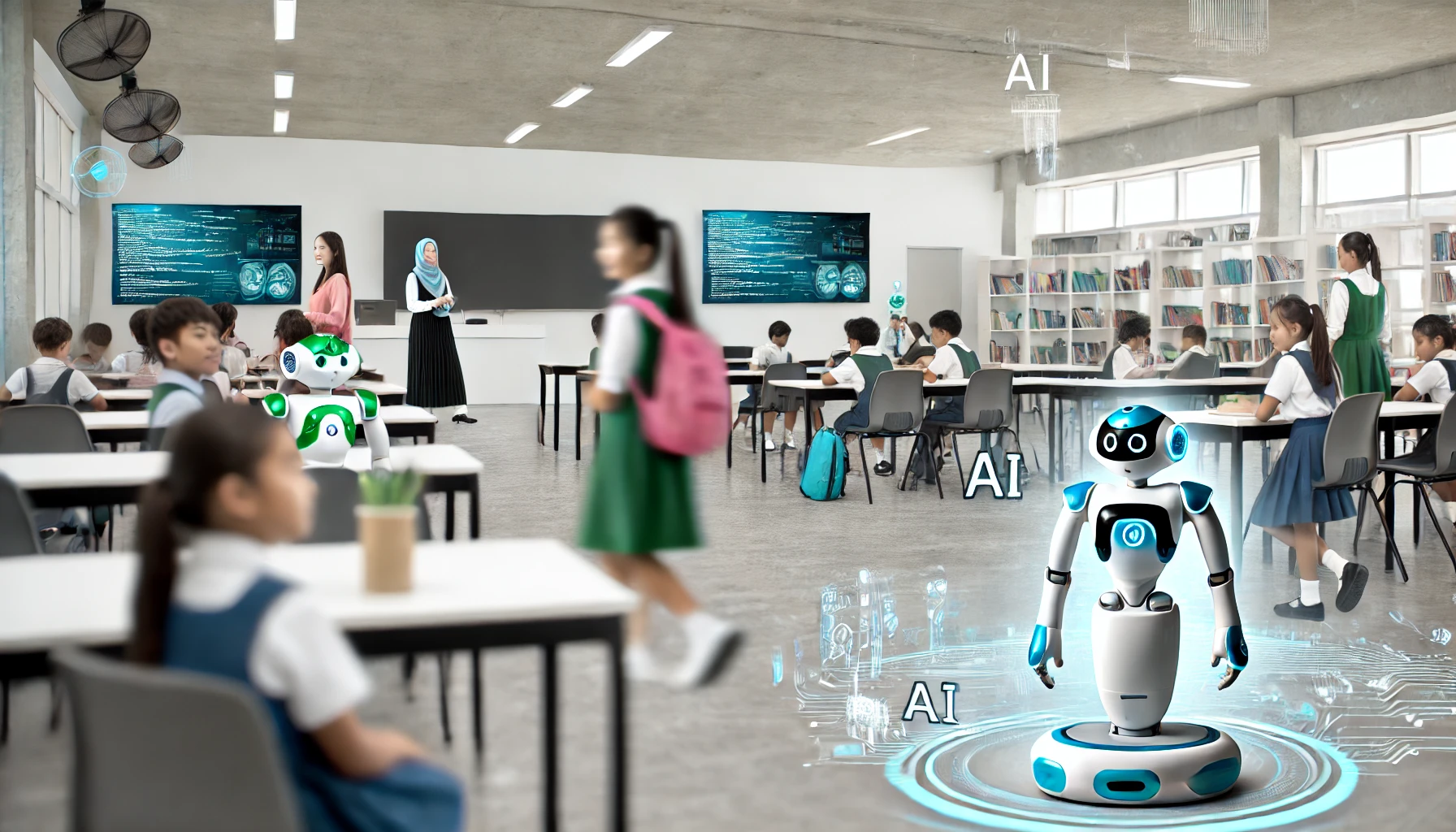 Pemandangan sekolah futuristik dengan berbagai teknologi AI