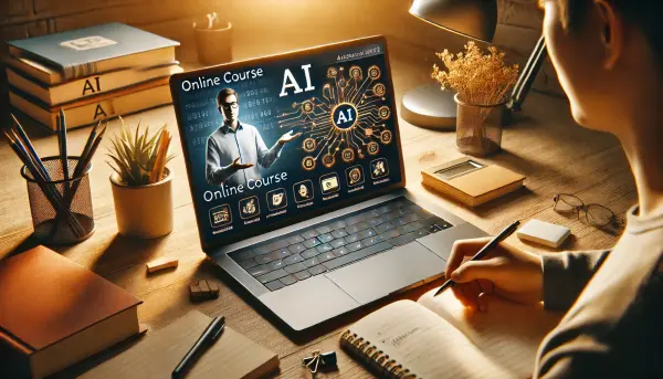 Platform kursus online dengan video instruktur yang sedang menjelaskan konsep dasar AI