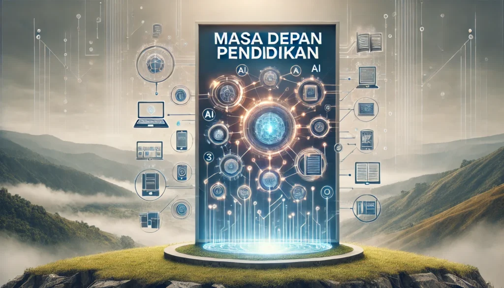 Poster konsep masa depan pendidikan dengan berbagai platform e-learning berbasis AI