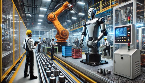 Robot industri yang sedang beroperasi di jalur produksi sebuah pabrik