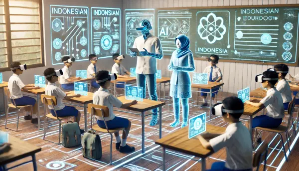 Ruang kelas futuristik dengan siswa asal Indonesia yang menggunakan teknologi canggih