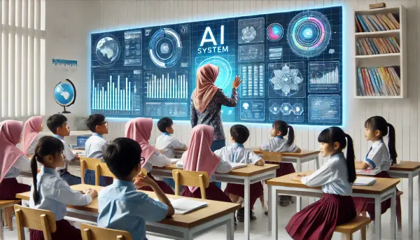 Ruang kelas futuristik dengan teknologi AI canggih