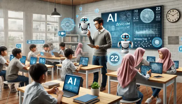 Ruang kelas modern dengan teknologi canggih dan suasana pembelajaran yang dinamis