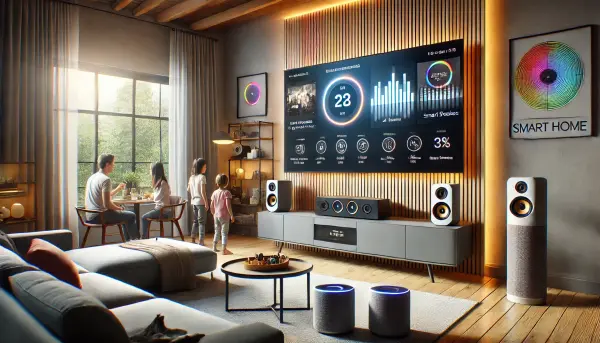Ruang tamu rumah pintar dengan sistem suara AI terintegrasi, lengkap dengan perangkat pintar lainnya