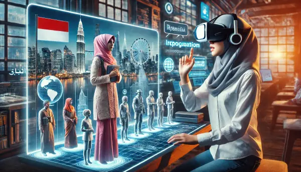 Sebuah ilustrasi futuristik tentang seorang siswa asal indonesia yang belajar bahasa asing melalui VR