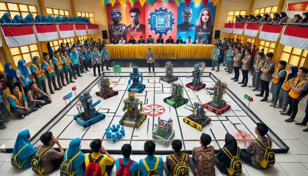 Sebuah kompetisi robotika di dalam sekolah, dengan beberapa robot berkompetisi di arena