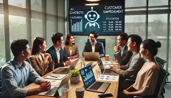 Sebuah tim profesional yang sedang mendiskusikan implementasi AI chatbot untuk bisnis
