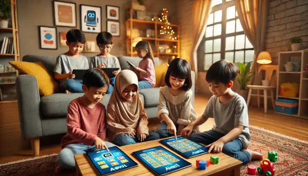 Sekelompok anak-anak Indonesia sedang berinteraksi dengan aplikasi AI edukatif di tablet mereka