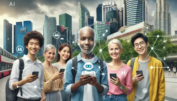 Sekelompok orang dari berbagai latar belakang yang menggunakan aplikasi mobile berbasis AI di luar ruangan