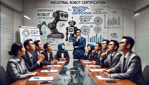 Sekelompok profesional berkumpul di ruang konferensi untuk mendiskusikan pentingnya sertifikasi robot industri