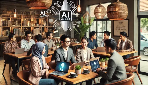 Sekelompok profesional muda asal Indonesia sedang berdiskusi di kafe modern