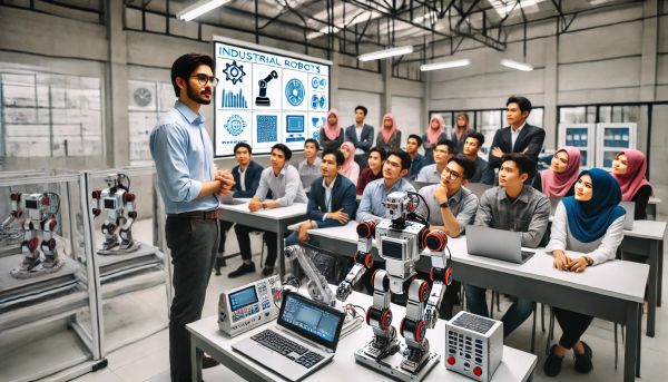 Sekelompok profesional yang sedang mengikuti pelatihan sertifikasi robot industri di sebuah pusat pelatihan
