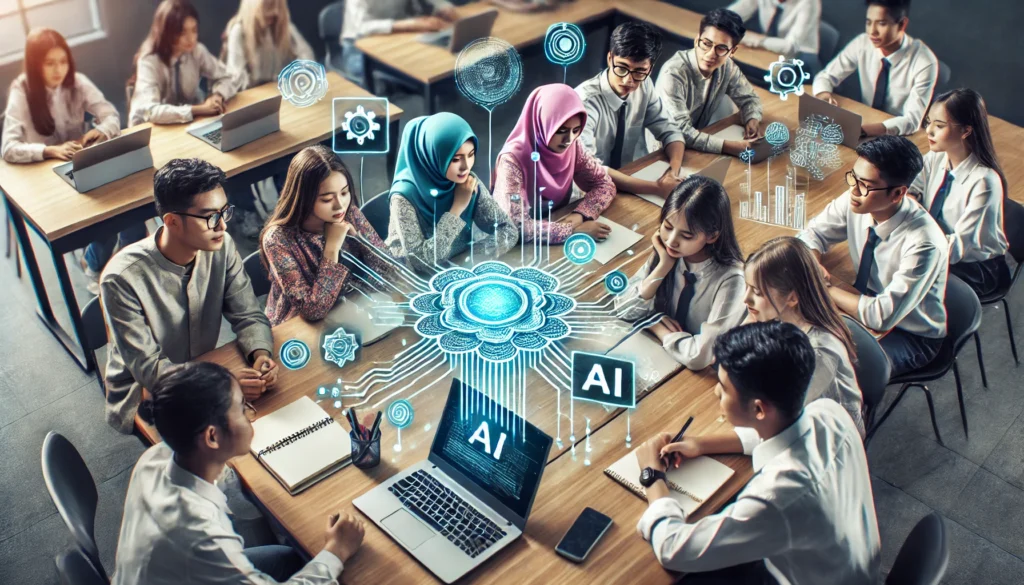 Sekelompok siswa yang duduk di sekitar meja, masing-masing dengan laptop dan perangkat AI