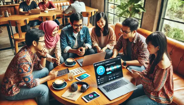 Sekelompok teman yang berkumpul di kafe, mendiskusikan rekomendasi musik dari AI