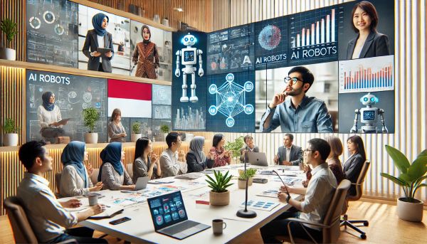 Sekumpulan peserta pelatihan online dalam sesi diskusi virtual tentang robot AI