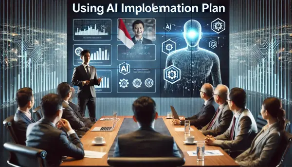Seorang CEO yang mempresentasikan rencana implementasi AI kepada investor di sebuah konferensi