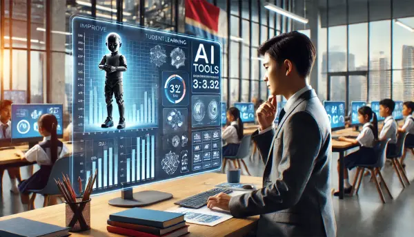 Seorang administrator sekolah asal Indonesia yang sedang menganalisis data dengan alat AI