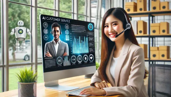 Seorang agen layanan pelanggan yang menggunakan teknologi AI untuk membantu pelanggan