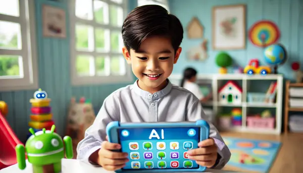 Seorang anak Indonesia berusia 7-10 tahun yang sedang bermain game edukasi berbasis AI di tablet dengan antusias