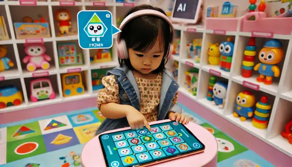 Seorang anak Indonesia sedang bermain sambil belajar dengan aplikasi AI yang menampilkan tantangan teka-teki visual