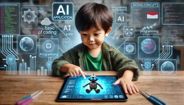 Seorang anak Indonesia sedang menggunakan aplikasi AI untuk belajar coding dasar