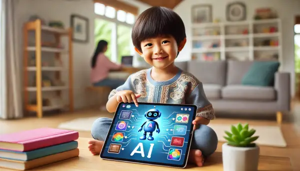 Seorang anak Indonesia yang sedang belajar dengan bantuan AI di tablet atau laptop