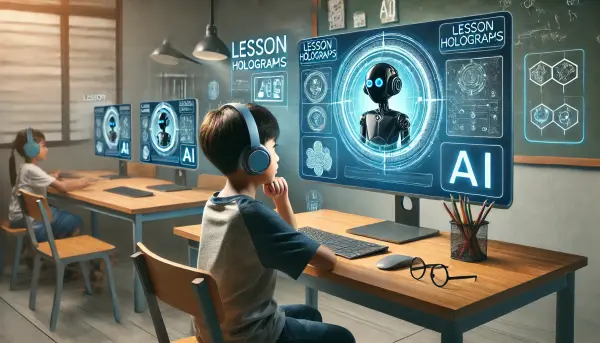 Seorang anak asal Indonesia di ruang kelas futuristik yang dilengkapi dengan teknologi AI