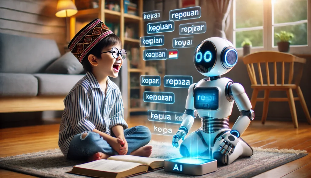 Seorang anak asal Indonesia yang belajar bahasa asing dengan bantuan robot AI di rumah
