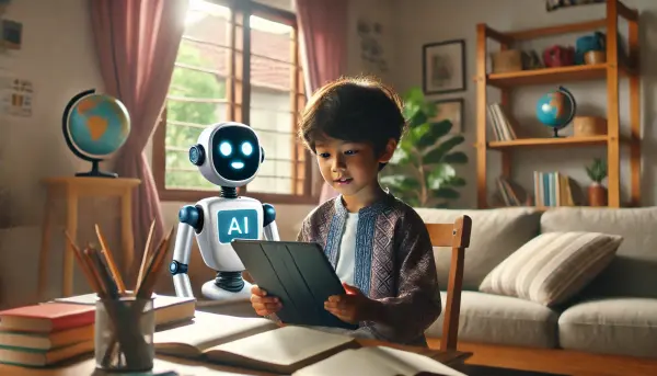 Seorang anak asal Indonesia yang sedang belajar dengan bantuan chatbot AI di tablet