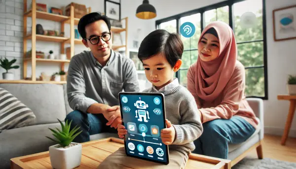 Seorang anak asal Indonesia yang sedang menggunakan aplikasi pembelajaran berbasis AI di tablet