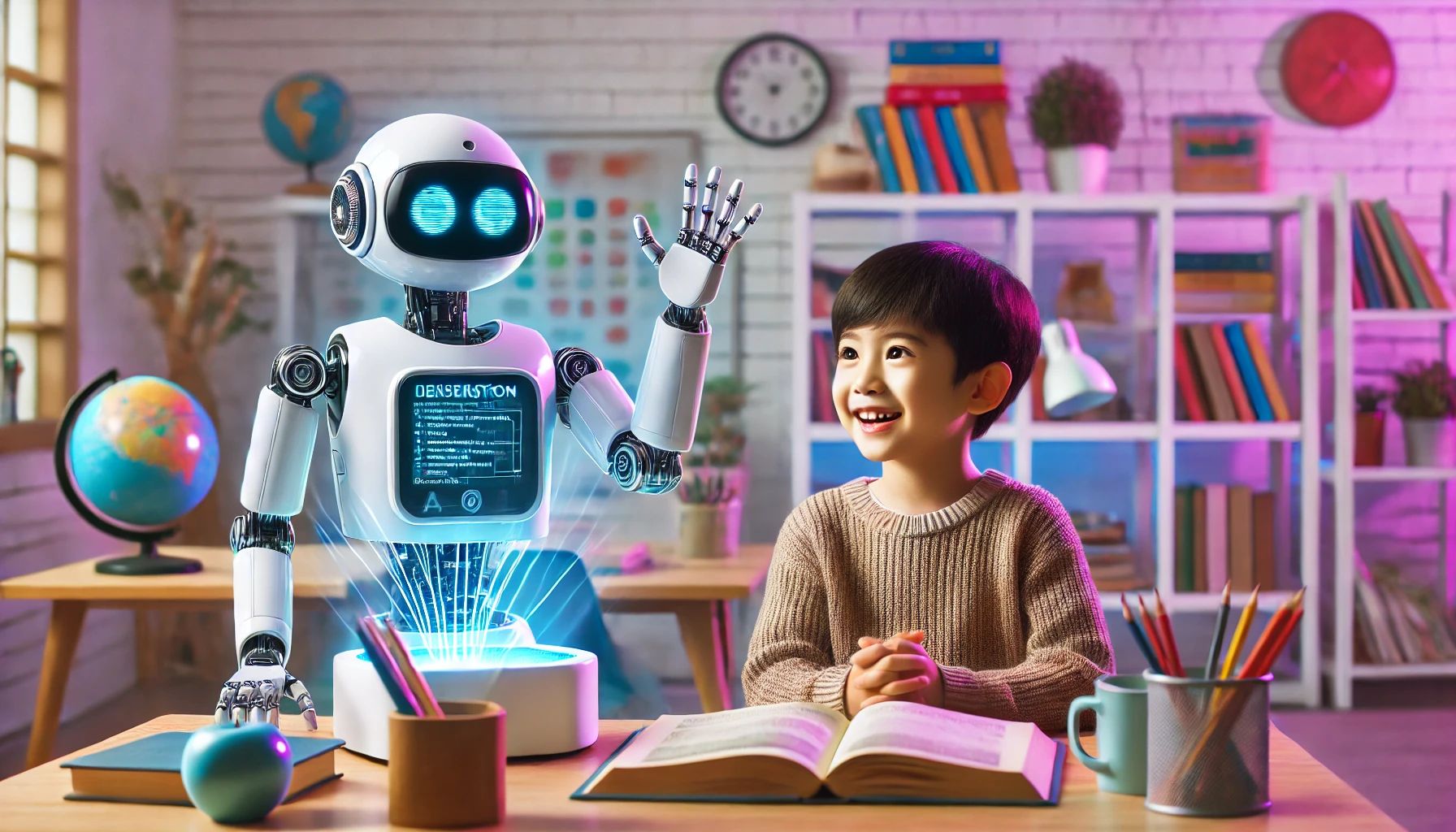 Seorang anak kecil asal Indonesia sedang belajar di ruang belajar modern ditemani oleh robot AI
