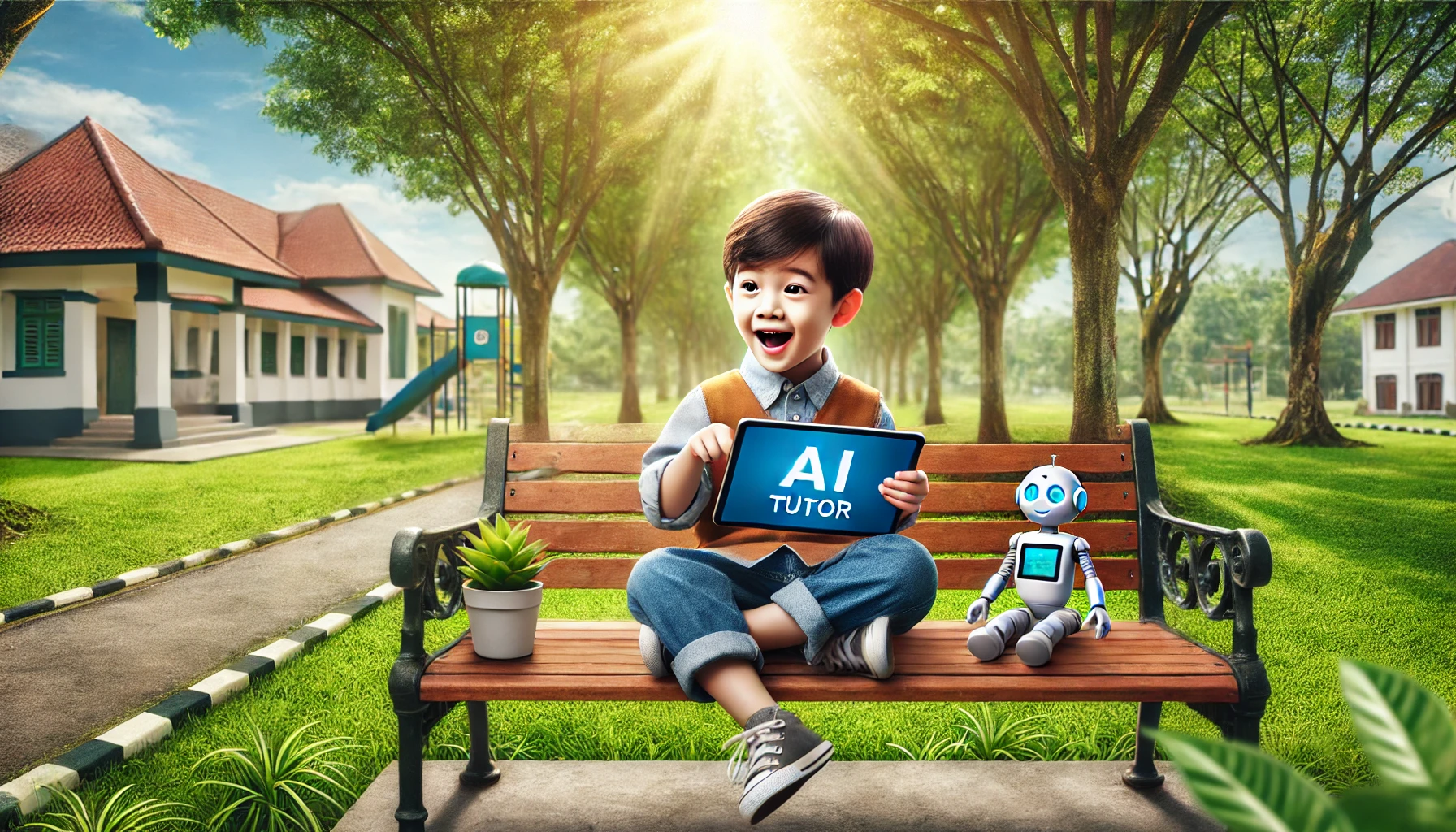 Seorang anak kecil duduk di bangku taman dengan tablet di tangannya, menggunakan aplikasi Tutor Virtual AI