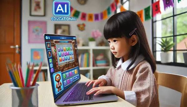 Seorang anak perempuan Indonesia yang sedang bermain game edukasi AI di laptop