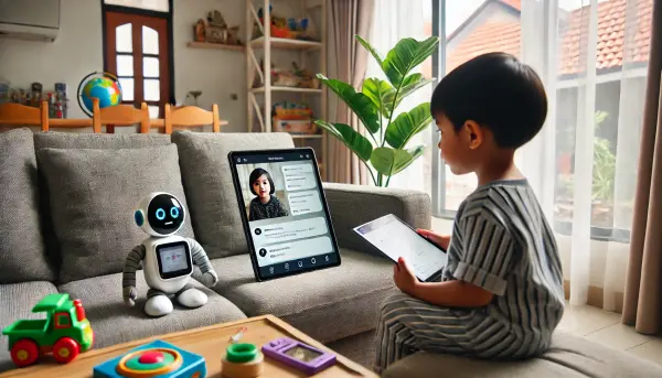 Seorang anak usia dini asal Indonesia sedang belajar dengan bantuan asisten virtual AI melalui tablet
