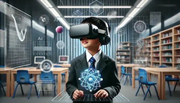 Seorang anak usia dini asal Indonesia yang menggunakan headset virtual reality (VR) berbasis AI