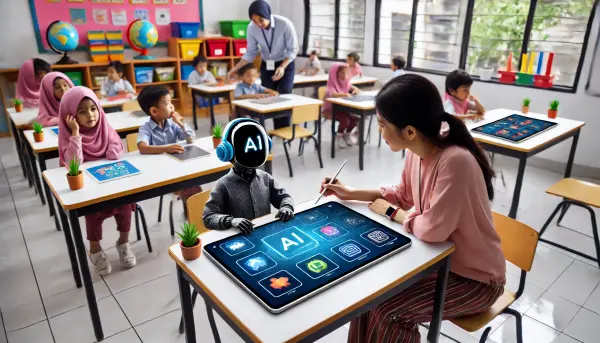 Seorang anak usia dini asal Indonesia yang sedang belajar di ruang kelas modern dengan teknologi AI interaktif