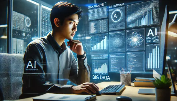 Seorang analis data yang sedang bekerja dengan perangkat lunak AI untuk menganalisis data besar