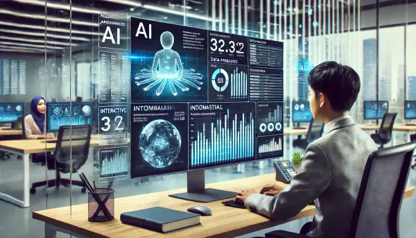 Seorang analis data yang sedang bekerja di depan komputer dengan tampilan dashboard AI yang interaktif