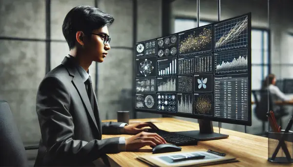 Seorang analis data yang sedang menggunakan alat AI untuk menganalisis grafik dan statistik