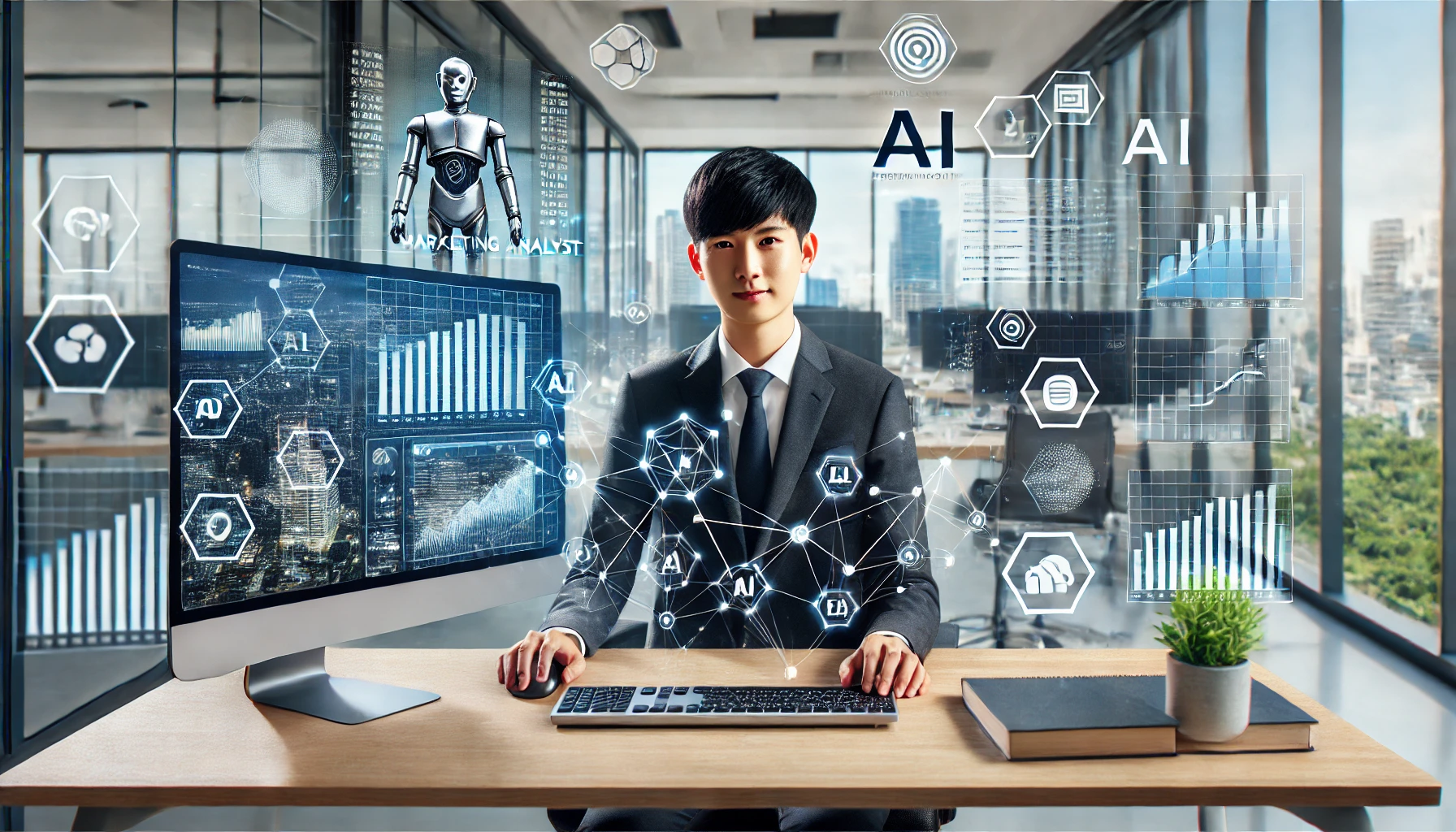 Seorang analis pemasaran muda di depan komputer dengan elemen-elemen teknologi AI